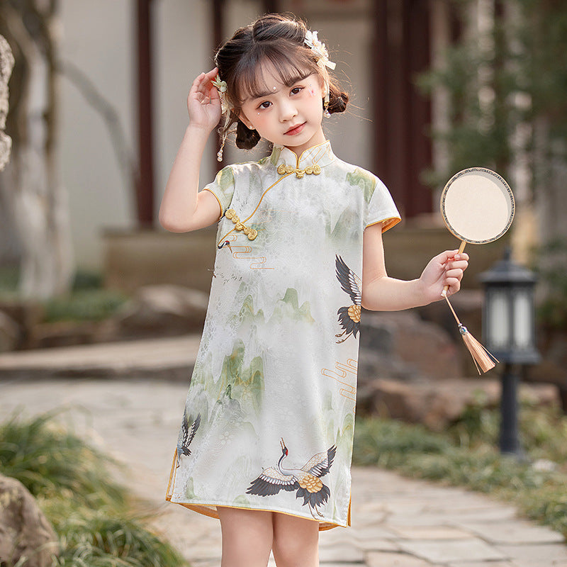 Satin Crane Girls Cheongsam