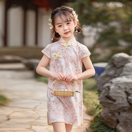 Cotton Girls Cheongsam (Pink Flower)