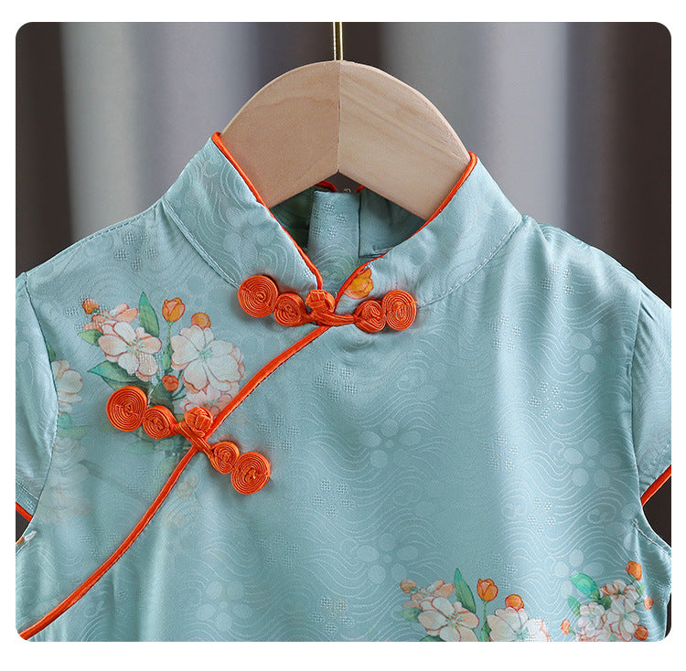 Satin Blue Girls Cheongsam