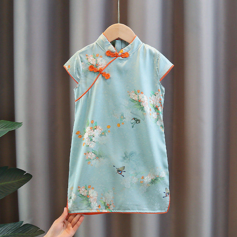 Satin Blue Girls Cheongsam