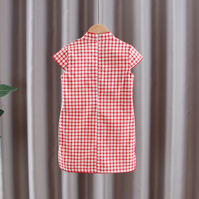 Cotton Girls Cheongsam (Red Plaid)