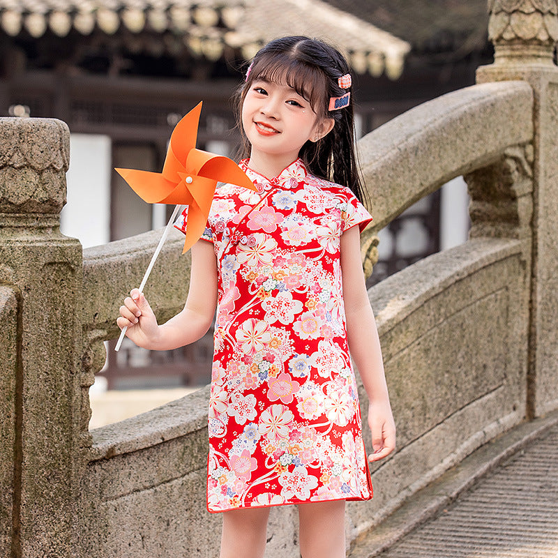 Cotton Girls Cheongsam (Red Flower)