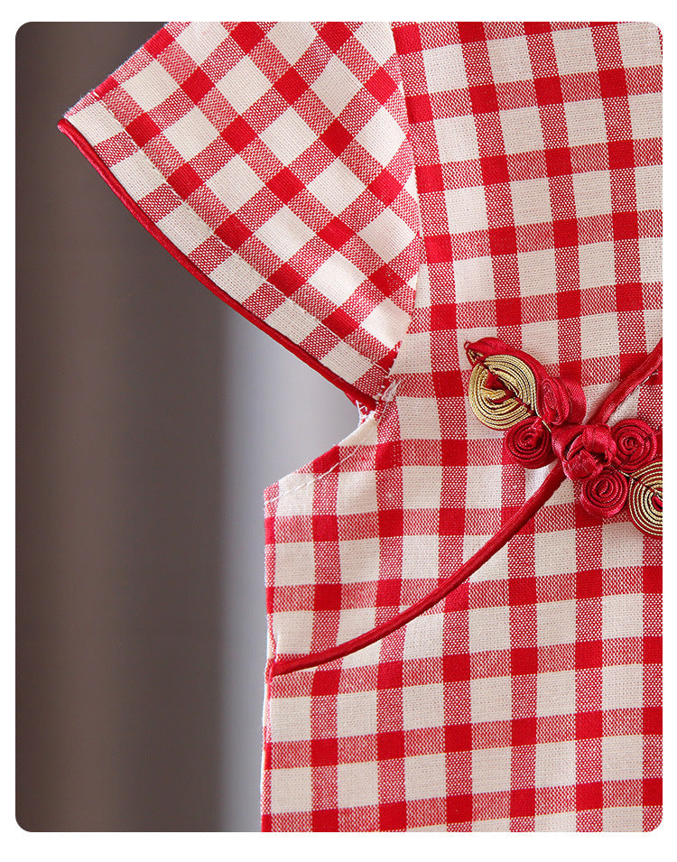 Cotton Girls Cheongsam (Red Plaid)