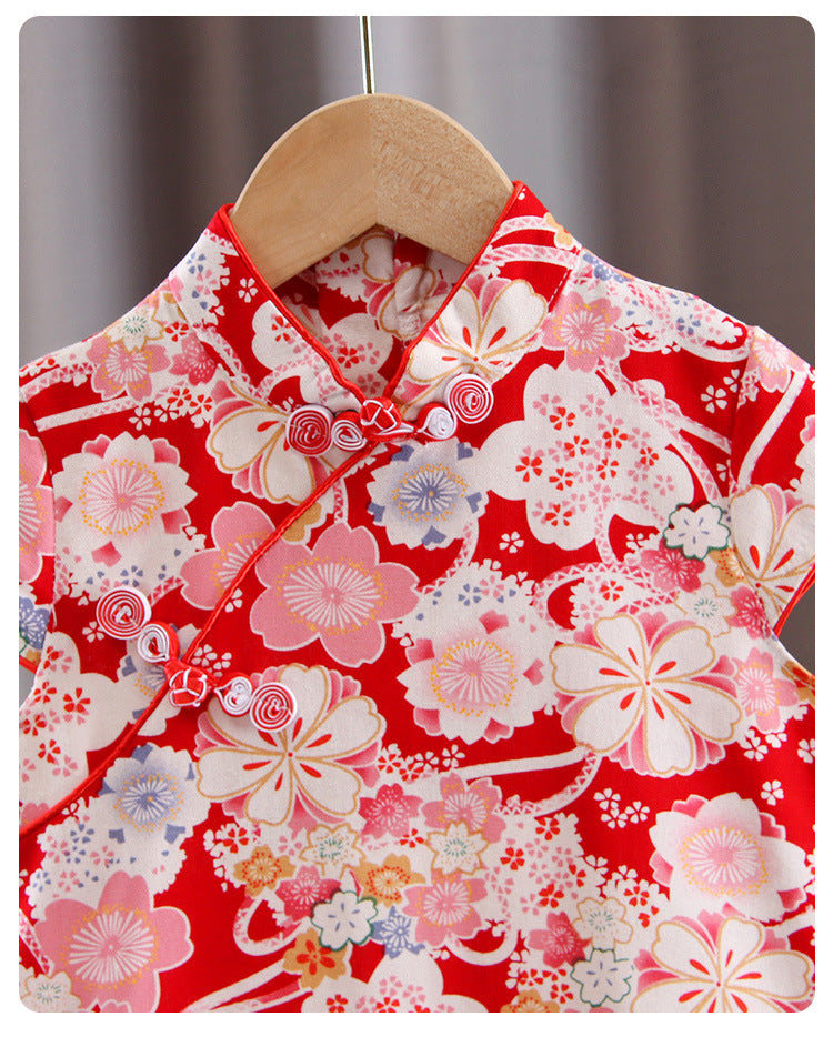 Cotton Girls Cheongsam (Red Flower)