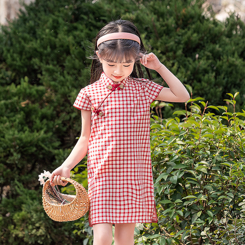 Cotton Girls Cheongsam (Red Plaid)