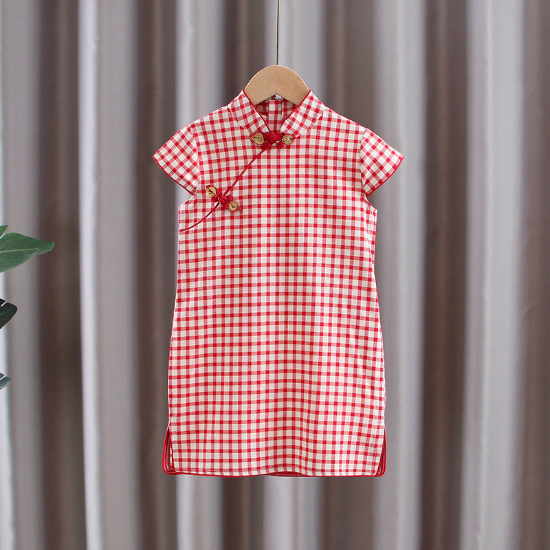 Cotton Girls Cheongsam (Red Plaid)