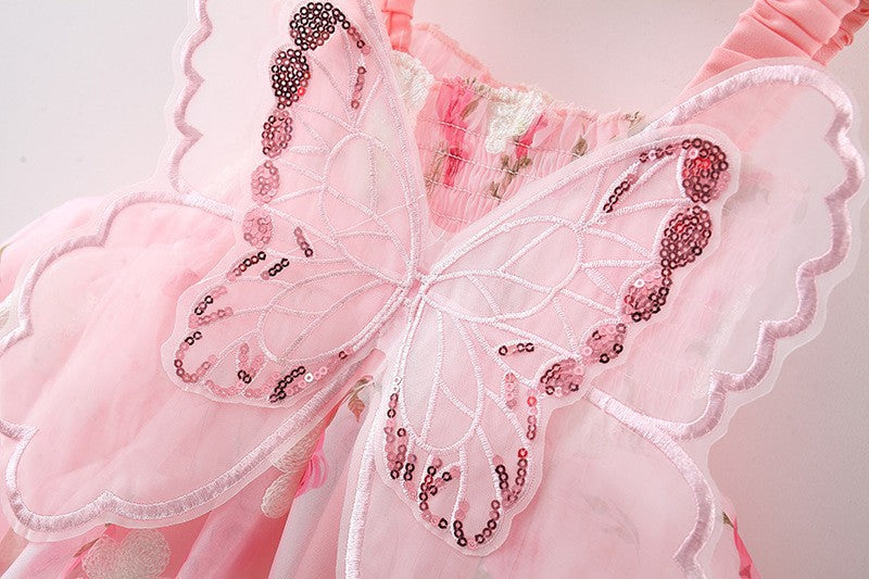 Pink Flower Baby Dress with Butterfly Wings