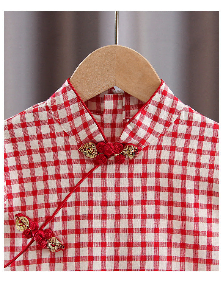 Cotton Girls Cheongsam (Red Plaid)