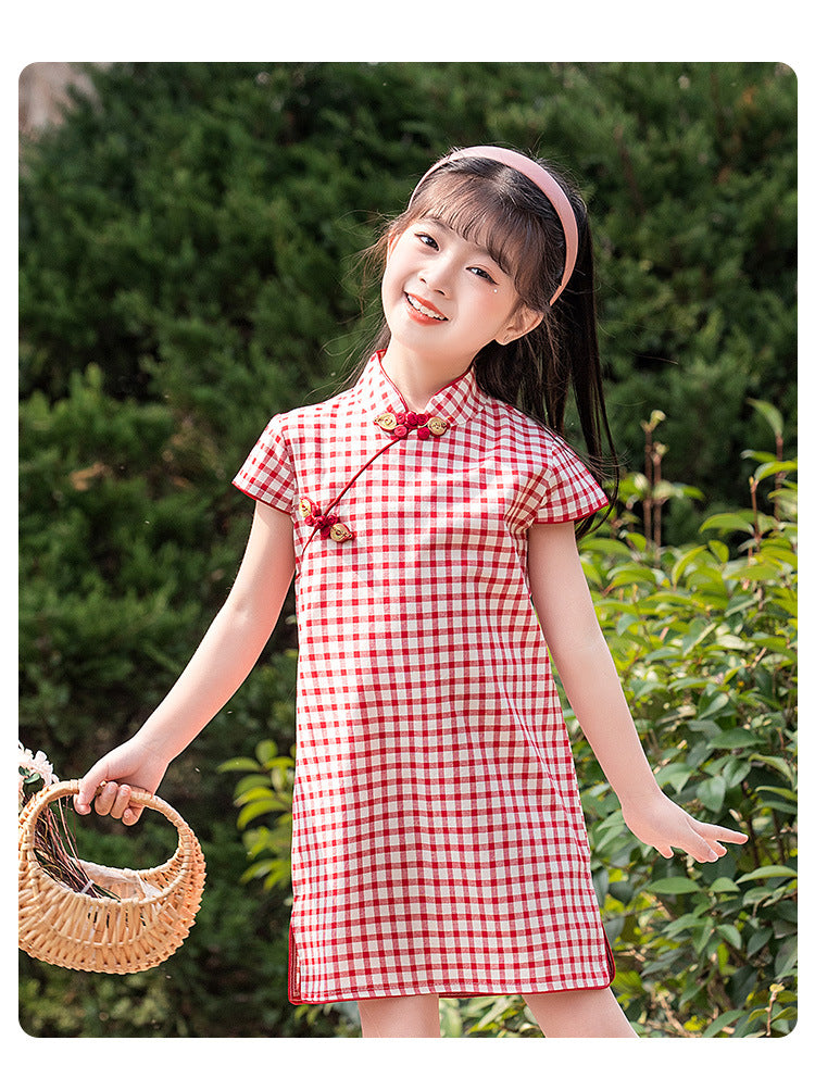 Cotton Girls Cheongsam (Red Plaid)