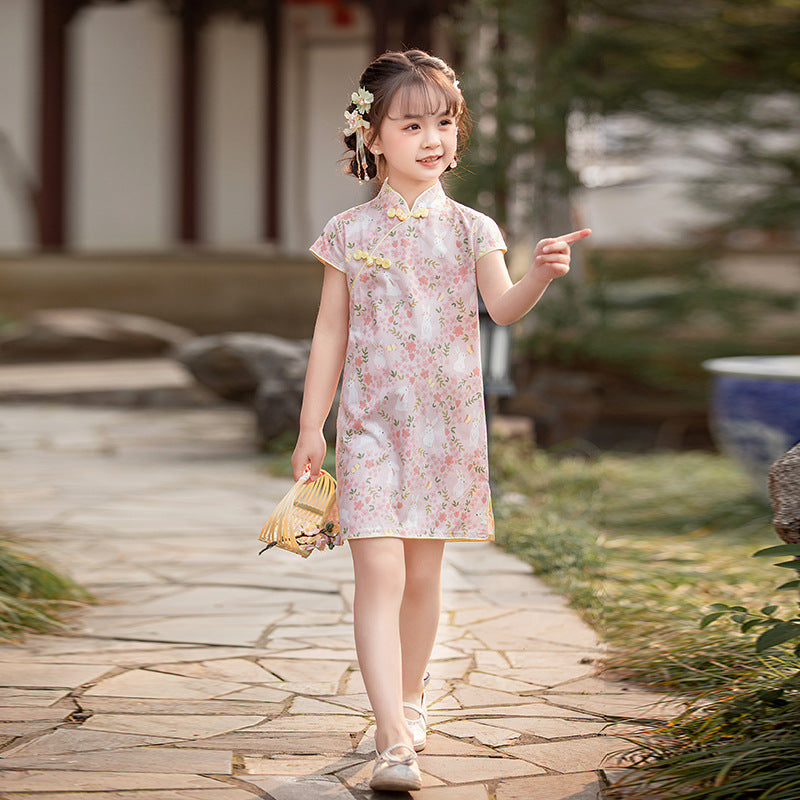 Cotton Girls Cheongsam (Pink Flower)