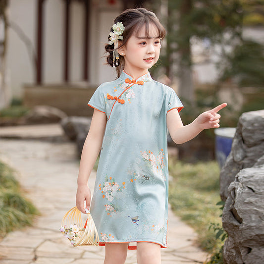 Satin Blue Girls Cheongsam